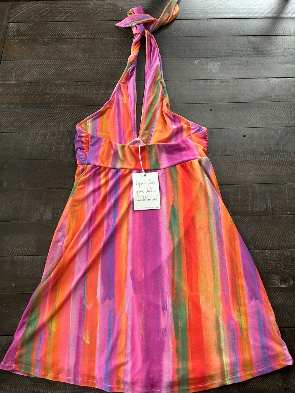 Show Me Your MuMu Pink Orange Multicolor Striped Backless Halter Dress - Picture 3 of 7